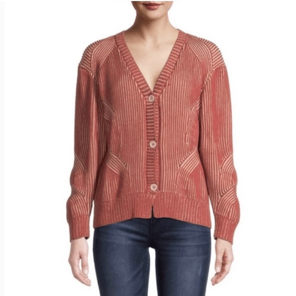 Nicole Miller Cotton Plaited Ribbed Cardigan Sweater‎